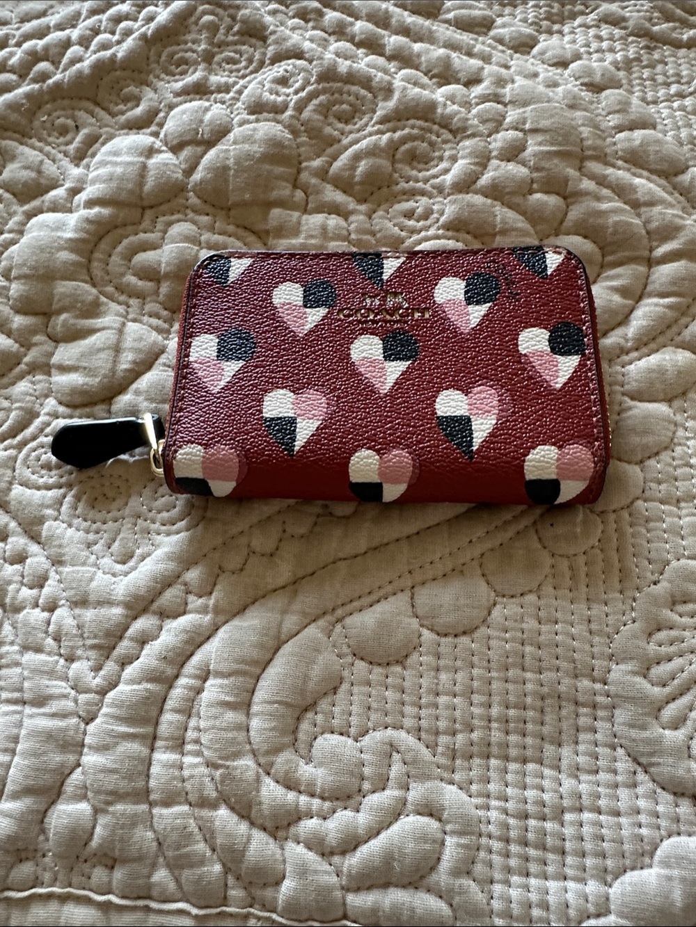 Coach Red Heart Zip Card Case with Pink, White and Black Hearts